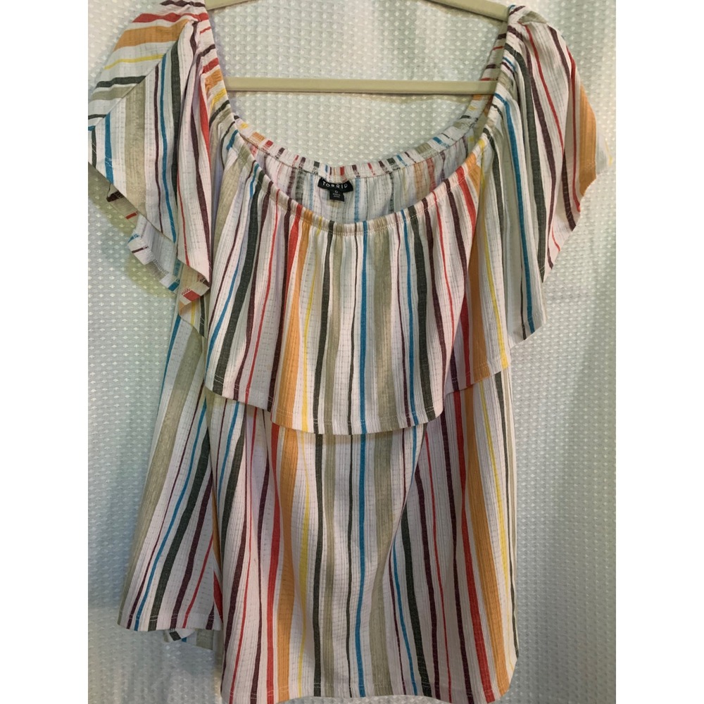 Torrid Womens Size 0 Multi Color Vertical Stripe Off Shoulder Ruffle Knit Top L